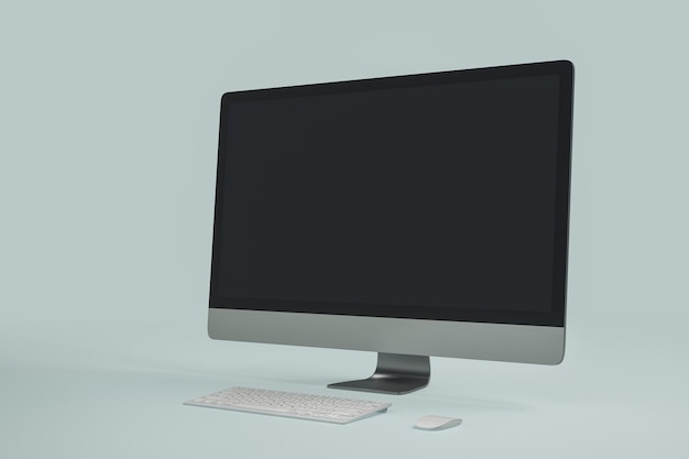 Close up of empty computer screen on grey background Technology communication and programming concept Mock up 3D Rendering