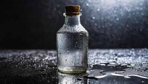 Близкий взгляд на пустую стеклянную бутылку на влажной поверхности с темным фоном