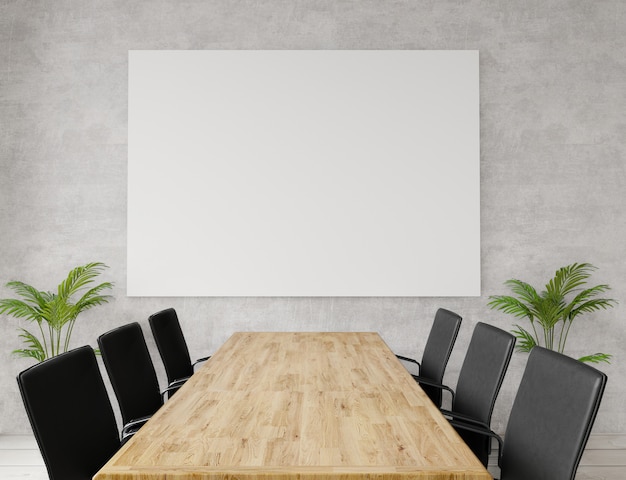 Close up empty meeting room with chairs, wooden table, concrete wall 