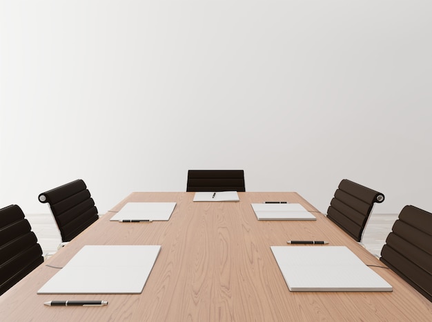 Close up empty meeting room with chairs, wooden table, notebook, concrete wall 