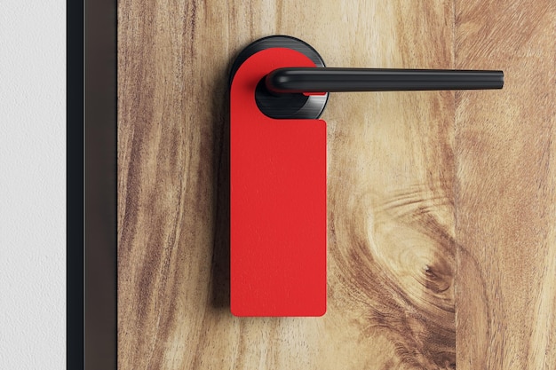 Close up of empty red sign on wooden door Mock up 3D Rendering