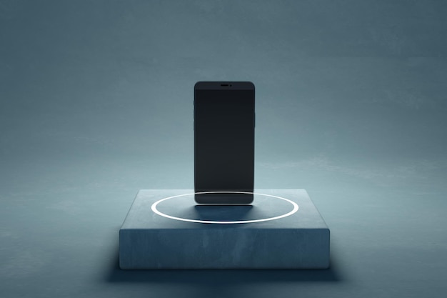 Close up of empty smartphone on concrete pedestal Technology and device presentation concept Mock up 3D Rendering