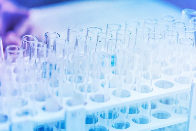 Photo close-up of empty test tubes in rack