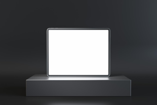 모의 장소 프레젠테이션 및 제품 개념 3D 렌더링이 있는 검정색 배경의 둥근 받침대에 있는 빈 흰색 태블릿 닫기