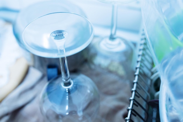 Close-up of empty wineglasses on table