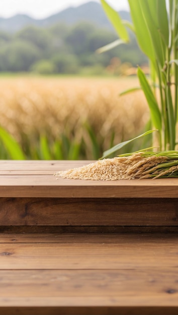 закрыть пустой деревянный стол с размытым фоном рисовых растений, готовых к сбору урожая