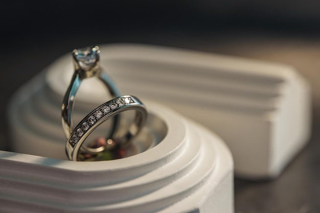 Close up of engagement diamond ring. Love and wedding concept.