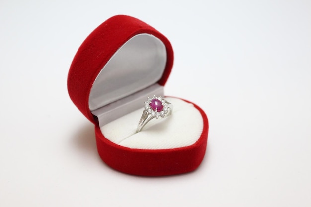 close-up of engagement ring in box