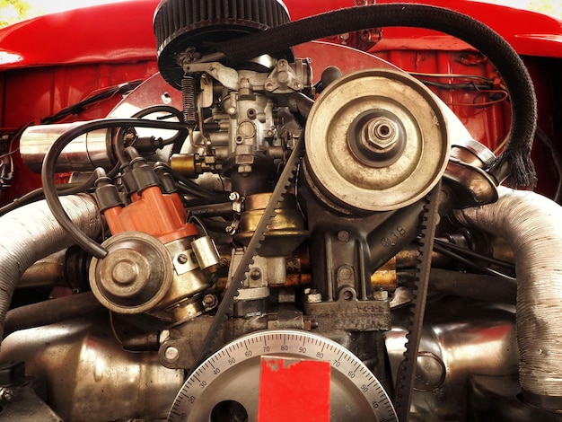 Close up of the engine of a classic old car