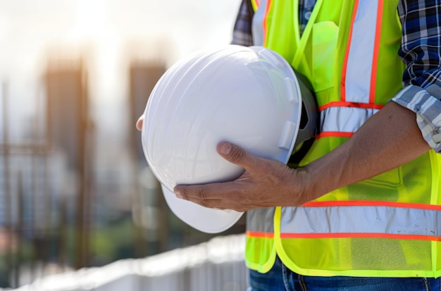 A close up of an engineer hand holding a white safety helmet at an industrial site Safety first Construction Industrial concept