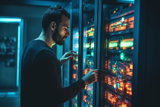 Close up of an engineer programming a server remotely