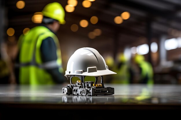 Foto close-up di un ingegnere che lavora con un casco di sicurezza sullo sfondo del cantiere