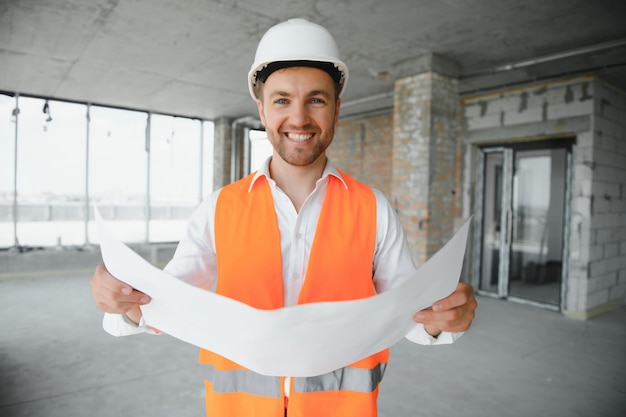 Foto chiuda in su ingegneri che lavorano su un cantiere in possesso di un blueprints.concetto di ingegneria e architettura