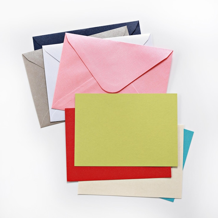 Photo close-up of envelops over white background