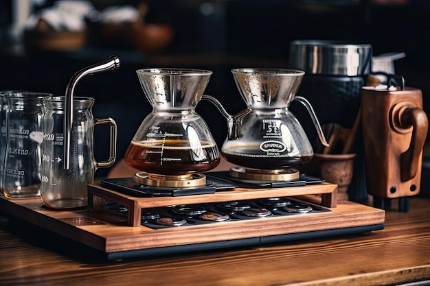 Close up of the equipment for brewing coffee on the wooden bar counter