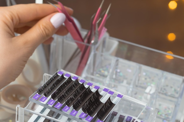 Close up of equipment for eyelash extensions in beauty salon