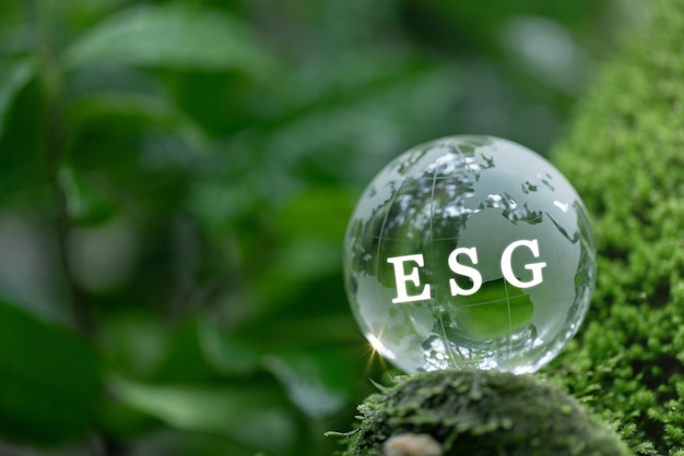 Close up ESG woord met kristallen aarde op natuur achtergrond ESG Milieusociaal en bedrijfsbestuur concept Natuurbehoud Ecologie Sociale verantwoordelijkheid en duurzaamheid