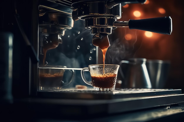 Close up of espresso pouring from coffee machine AI