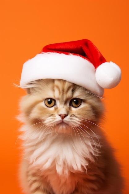 Close up an expressive cat wearing a santa claus hat looking at the camera on an orange background