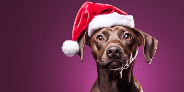 Close up of an expressive dog wearing a santa claus hat looking at the camera on a purple