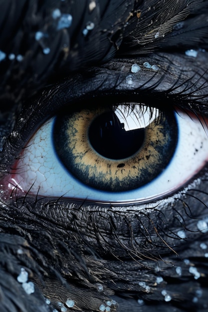 a close up of the eye of a black bird