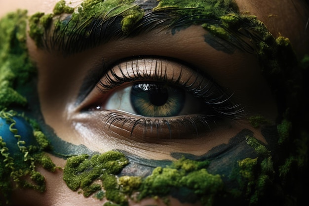 Close up eye photography macro shot of mother earth eye with green moss make up