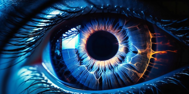 Close up of an eye with a blue colored ray