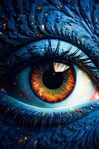 Close up of eye with blue and orange colors Generative AI