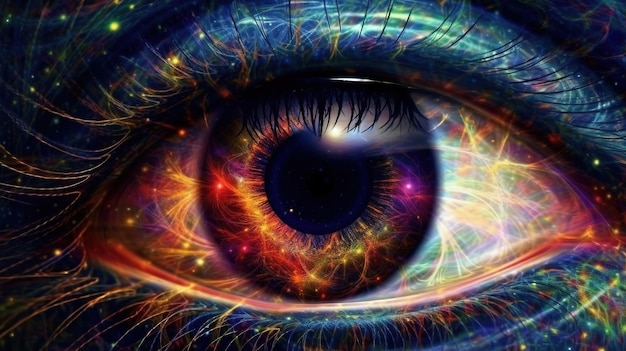 A close up of an eye with colorful stars and swirls