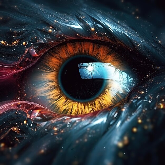 A close up of an eye with a dark background and the word'eye'on it