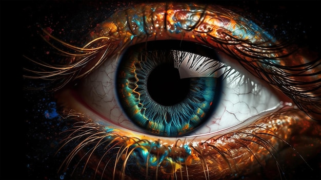 A close up of an eye with a gold and blue color.