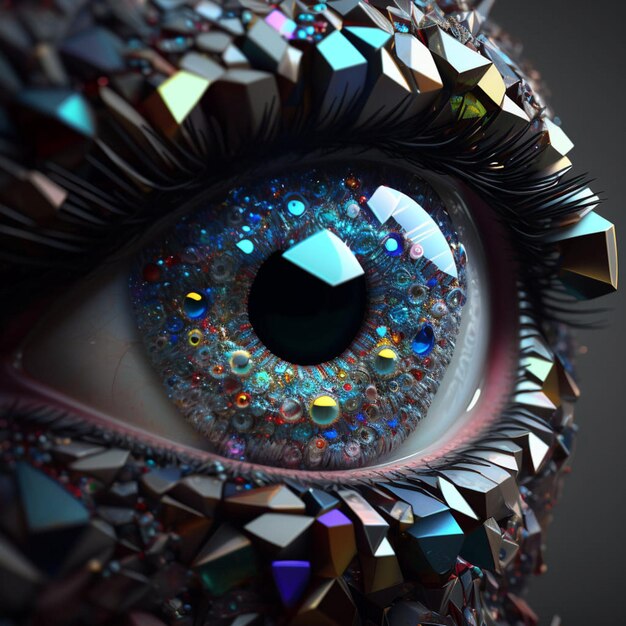 A close up of a eye with many crystals on it