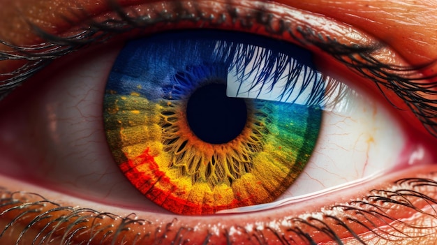 A close up of eye with pupil with colors of the lgbtq rainbow pride flag