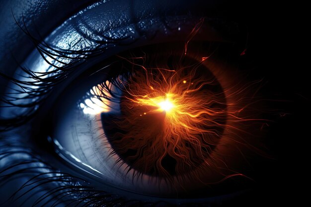 A close up of a eye with the word fire on it