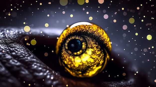 A close up eye with yellow dots and black spots the full galaxy inside it like a black hole