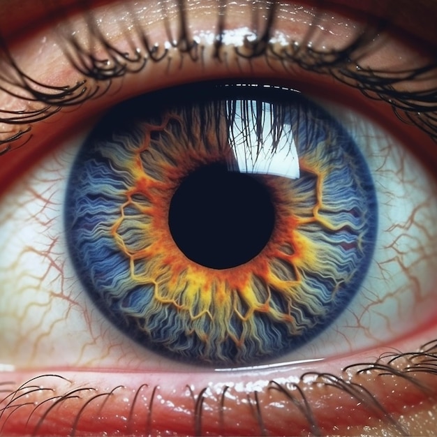 A close up of an eye with a yellow and orange iris