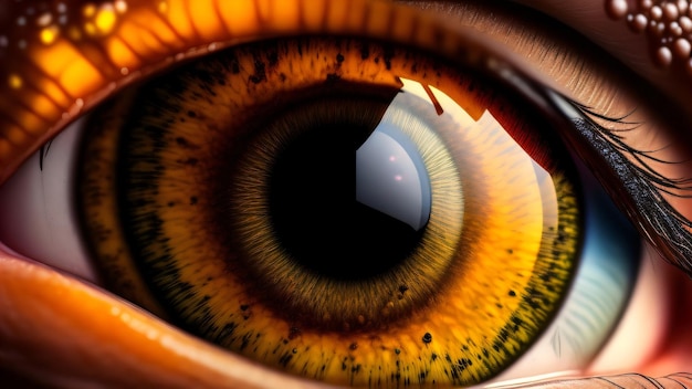 A close up of an eye with a yellow ring around the eye