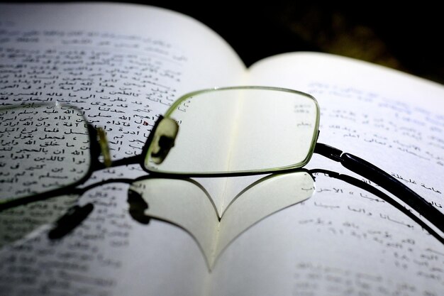 Close-up of eyeglasses on open book