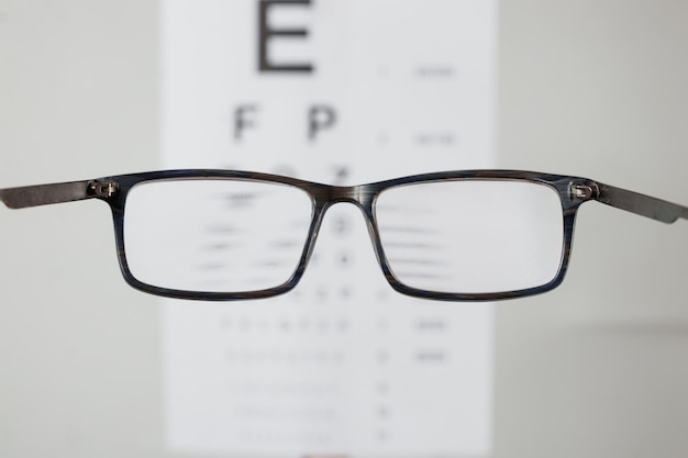 Close-up of eyeglasses for vision, pointing at table to check view