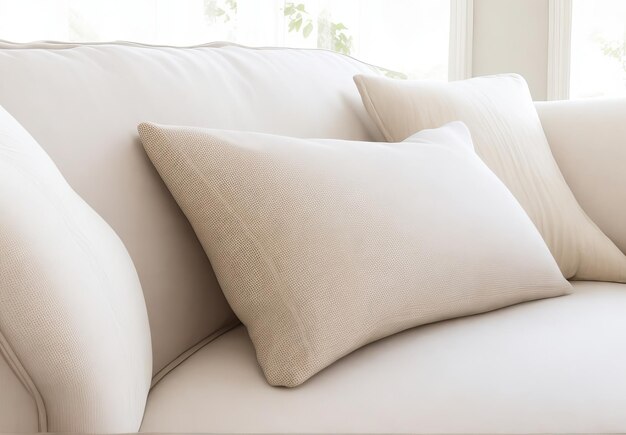 Close up of fabric sofa with white and terra cotta pillows French country home interior design of m