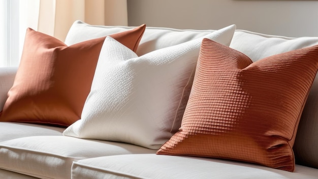 Close up of fabric sofa with white and terra cotta pillows French country home interior design of modern living room