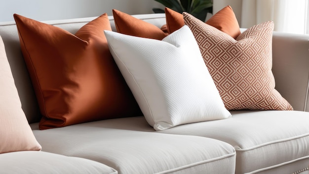 Close up of fabric sofa with white and terra cotta pillows French country home interior design of modern living room