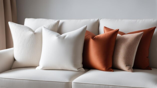 Close up of fabric sofa with white and terra cotta pillows French country home interior design of modern living room