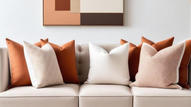 Close up of fabric sofa with white and terra cotta pillows French country home interior design of modern living room