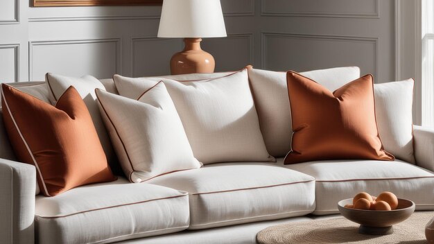 Close up of fabric sofa with white and terra cotta pillows French country home interior design of modern living room