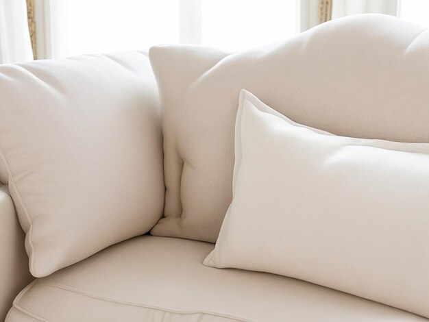 Close up of fabric sofa with white and terra cotta pillows