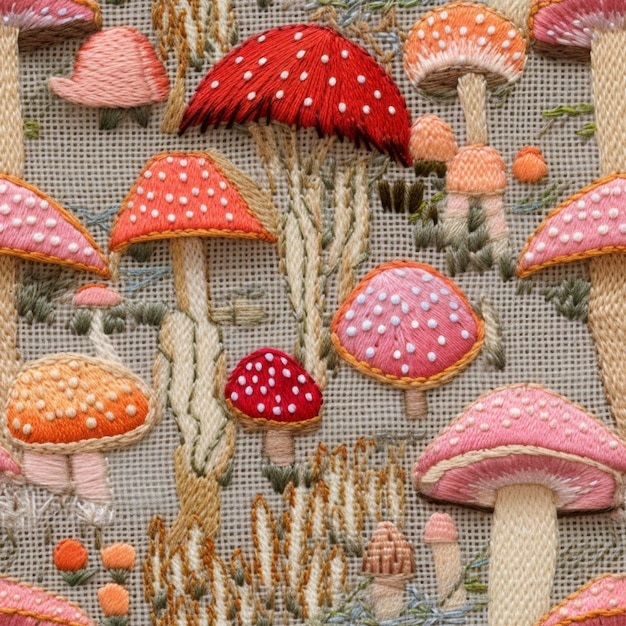 A close up of a fabric with mushrooms and plants.