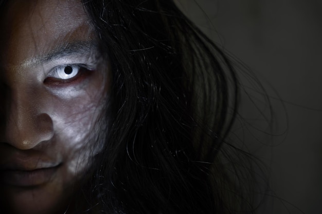 Close up face of Asian woman ghost or zombie horror creepy scary