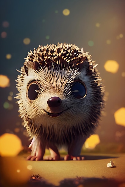 Close-up face of cute hedgehog in cartoon style Infront of magical background