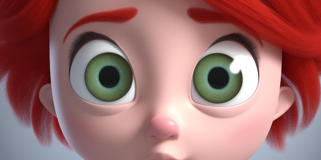 A close up of a face of a girl with red hair and green eyes.